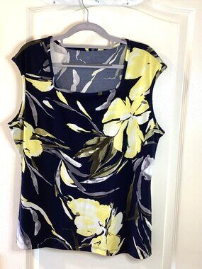 Women Black Yellow Floral Sleeveless Top Square Neck Blouse Stretchy